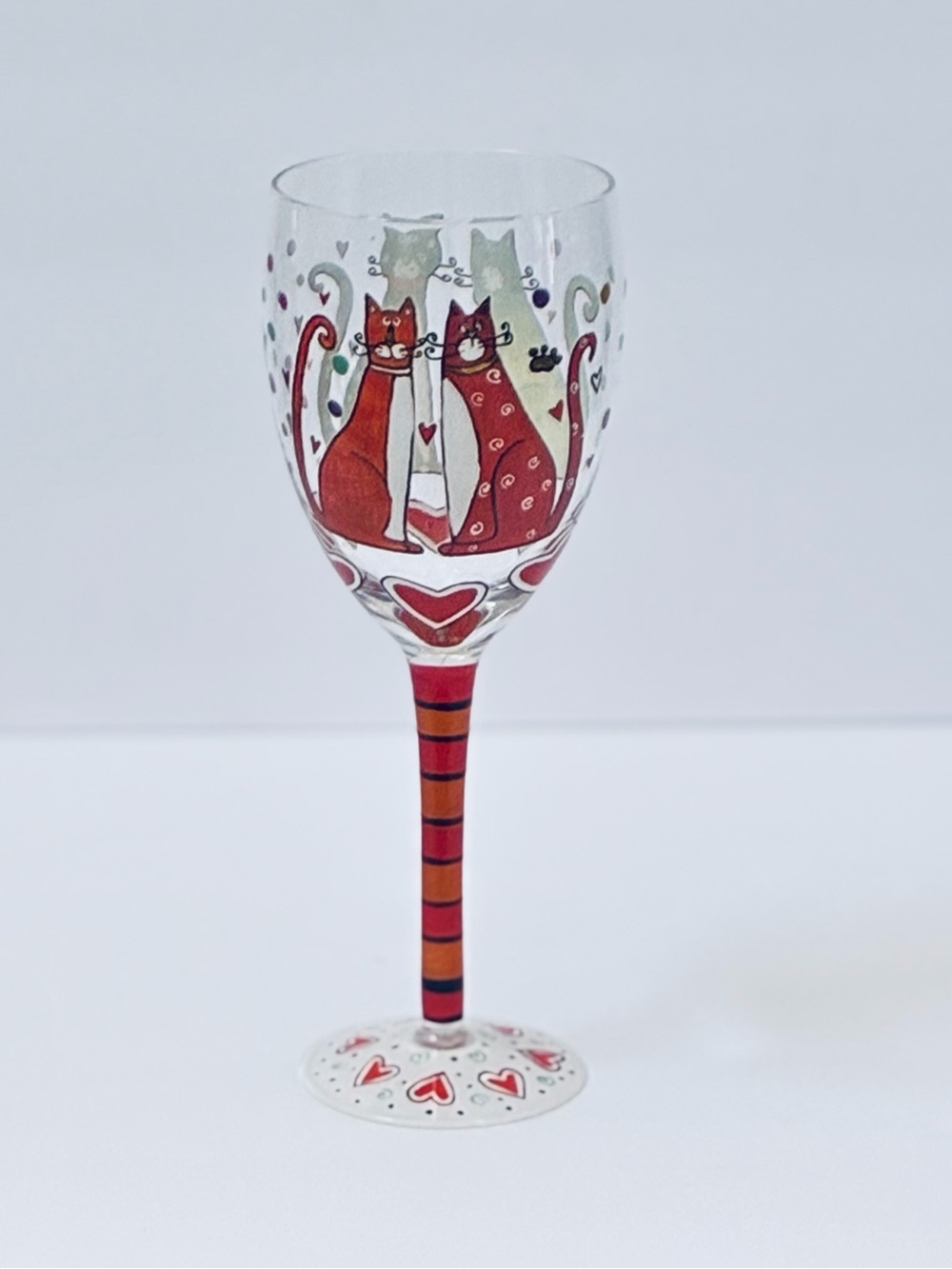 Hand Painted Cat Wine Glass Red Orange Yellow & Black Cats Hearts Stripe Stem 9"